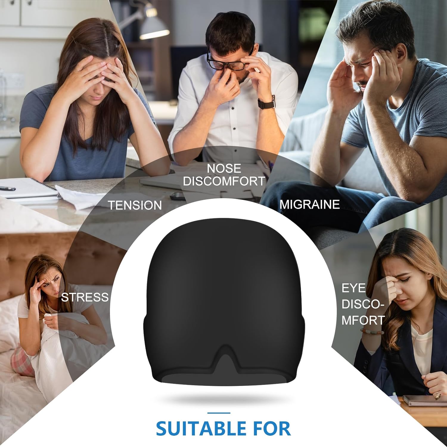 MIGRAIN CAP 360º Cold/Hot Gel Adjustable for Migraine + Reusable Gel Patches for Tired Eyes (Grey)