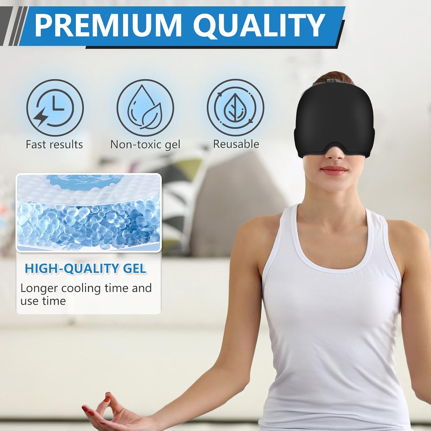 MIGRAIN CAP 360º Cold/Hot Gel Adjustable for Migraine + Reusable Gel Patches for Tired Eyes (Grey)