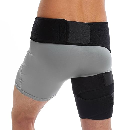 Neoprene Compression Wrap for Groin Hip Thigh Quad Hamstring Joints Sciatica Nerve Pain Relief Strap (1PC) - Fits Men and Women (Black)