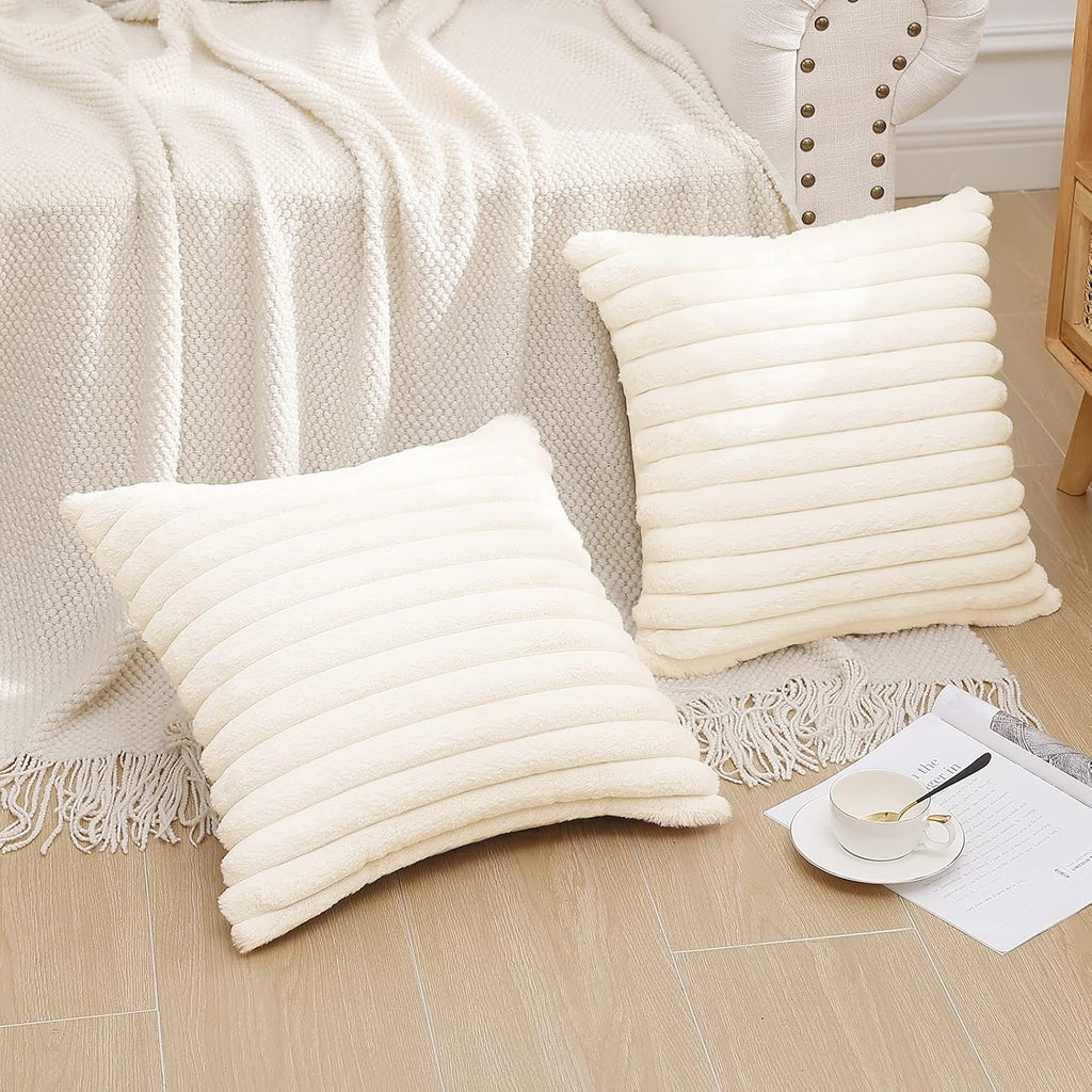 Pallene Faux Fur Plush Fall Throw Pillow Covers 18x18 Set of 2, Luxury Soft Fluffy Striped Decorative Pillow Covers for Sofa