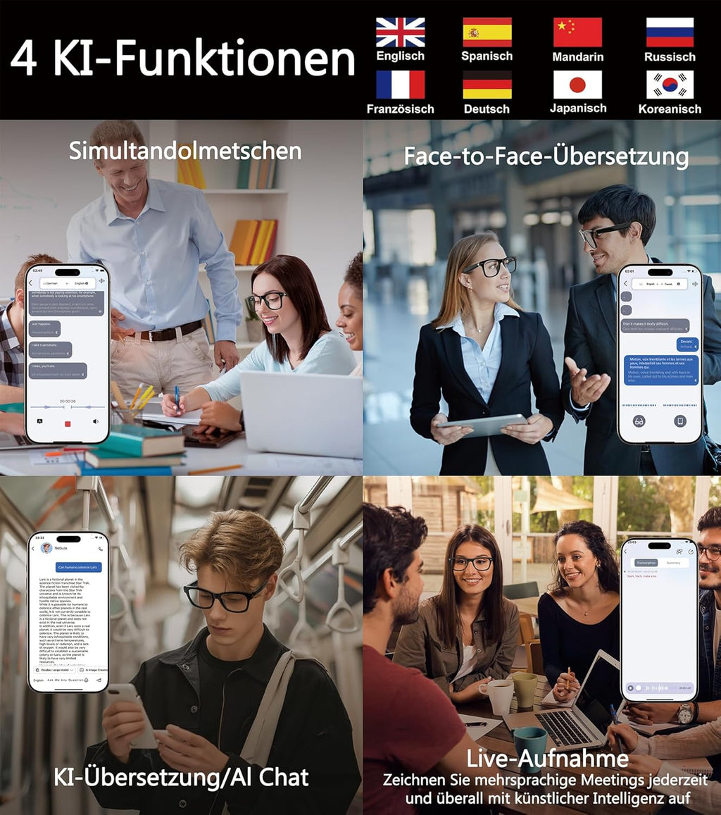 AI Smart Glasses, Bluetooth Glasses for Women Men, Translator Device 116 Languages & Accents