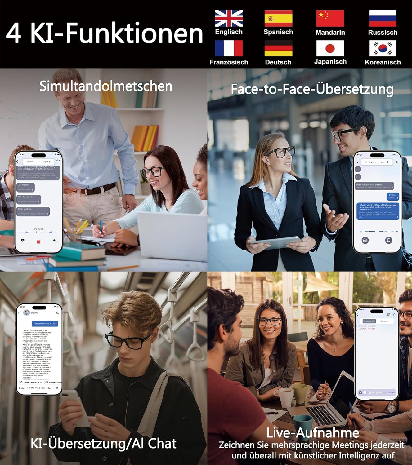 AI Smart Glasses, Bluetooth Glasses for Women Men, Translator Device 116 Languages & Accents