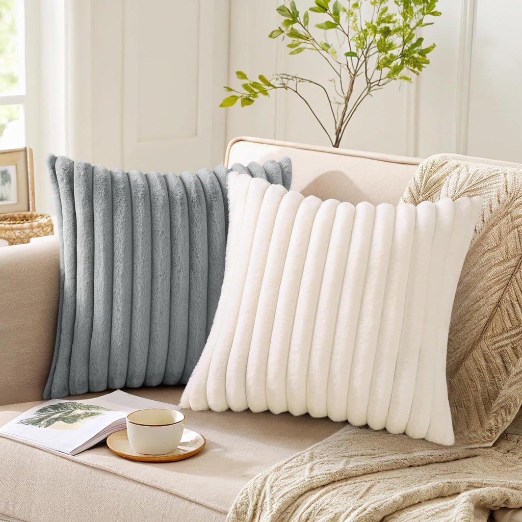 Pallene Faux Fur Plush Fall Throw Pillow Covers 18x18 Set of 2, Luxury Soft Fluffy Striped Decorative Pillow Covers for Sofa