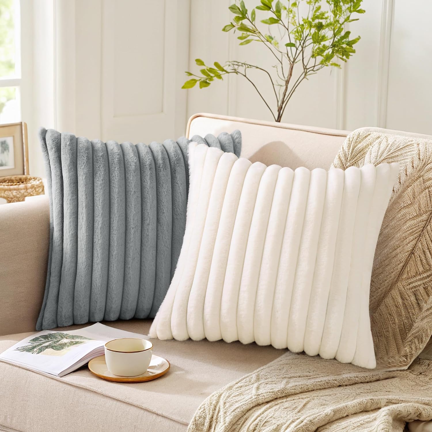 Pallene Faux Fur Plush Fall Throw Pillow Covers 18x18 Set of 2, Luxury Soft Fluffy Striped Decorative Pillow Covers for Sofa
