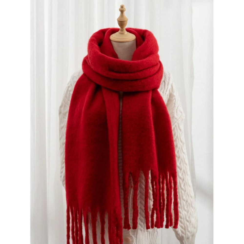 1pc Solid Color Scarf, Winter Warm Neck, Thickened Wool Knitted Thick Fringed Shawl, Can Be Worn