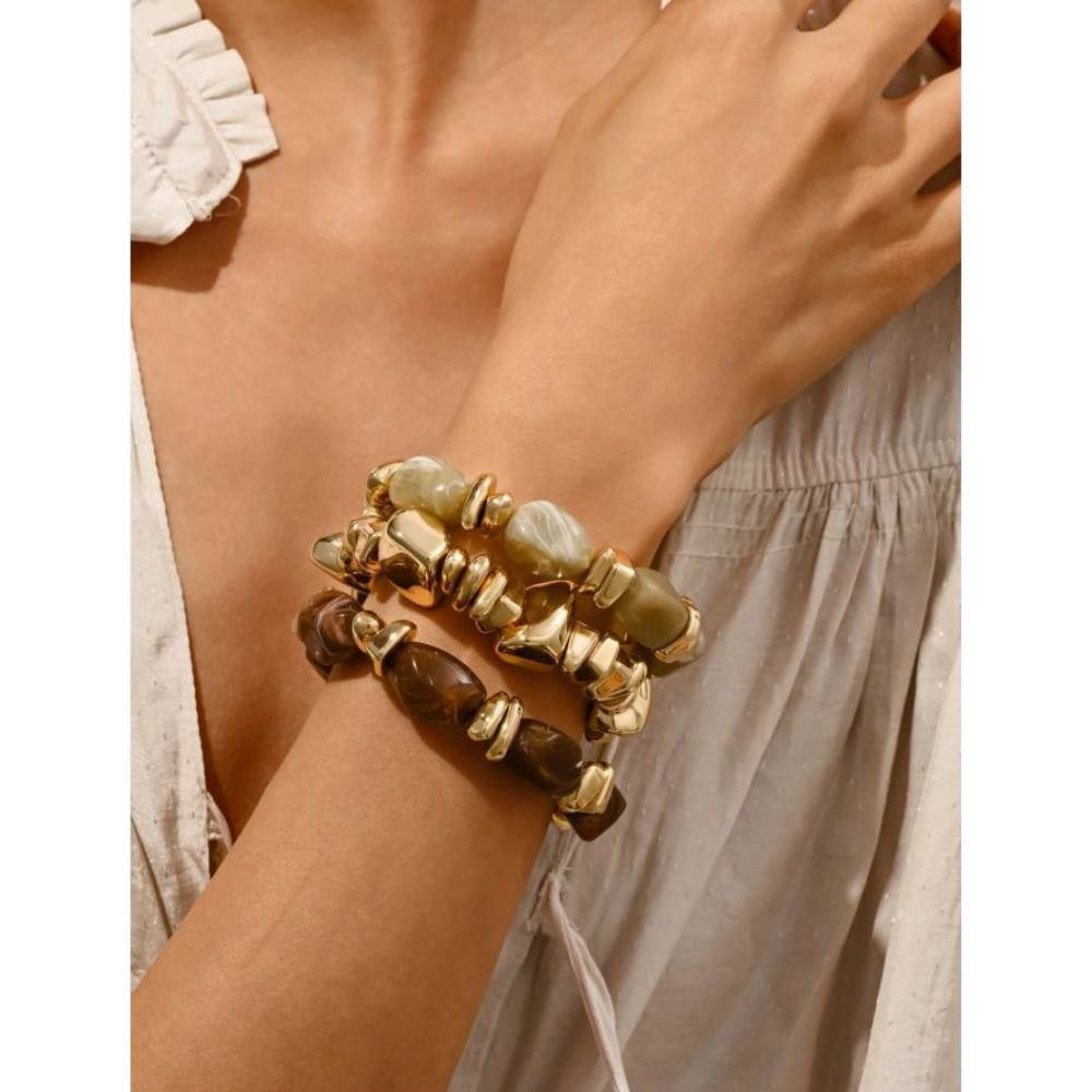 3pcs Vintage Bohemian Bracelet Set, Thick Multi-Layer Brown Acrylic Beaded Bracelets, For Women Men Party Daily Wear