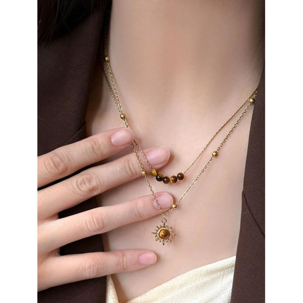 1pc Vintage Gold Sunflower & Tiger Eye Pendant Necklace, Layered Wear Sweater Chain Necklace
