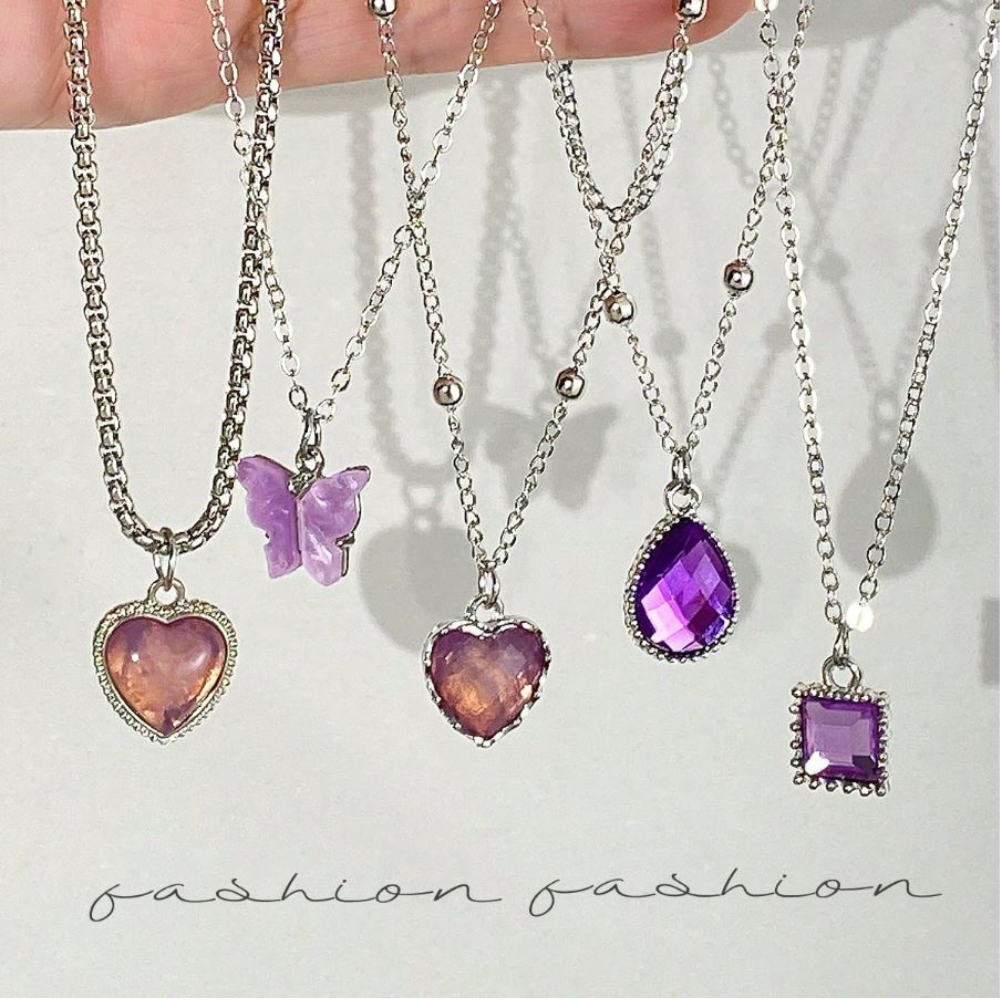 5-8pcs/Set Y2K Fashion Crystal Heart, Butterfly, Tulip, Bow Pendant Necklace Set, Shiny Jewelry Gift For Women