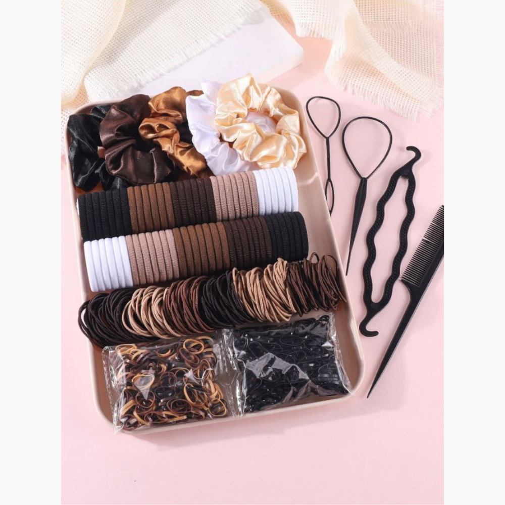 1109 Pcs Girls Hair Accessories Set, Basic Nylon Ponytail Holders Hair Ties, Black Brown Satin Hair Scrunchies,