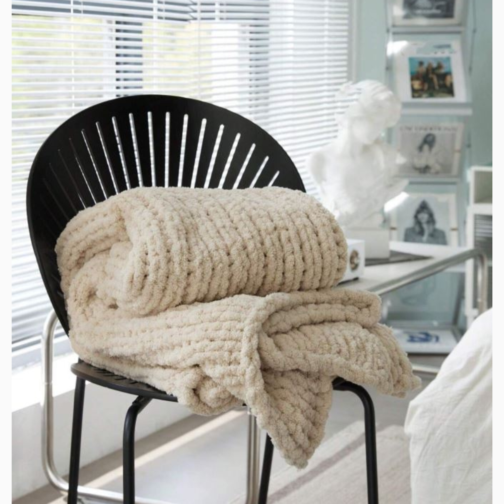 1pc Handmade Chenille Striped Hollow-Out Knit Blanket, Soft Thick Warm Nap Throw Blanket For Sofa, Travel