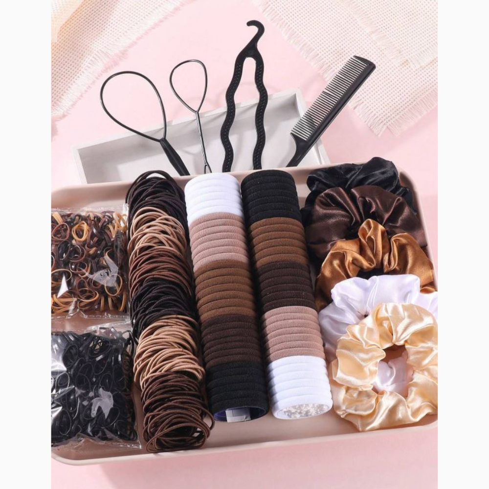 1109 Pcs Girls Hair Accessories Set, Basic Nylon Ponytail Holders Hair Ties, Black Brown Satin Hair Scrunchies,