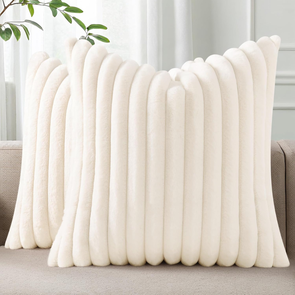 Pallene Faux Fur Plush Fall Throw Pillow Covers 18x18 Set of 2, Luxury Soft Fluffy Striped Decorative Pillow Covers for Sofa