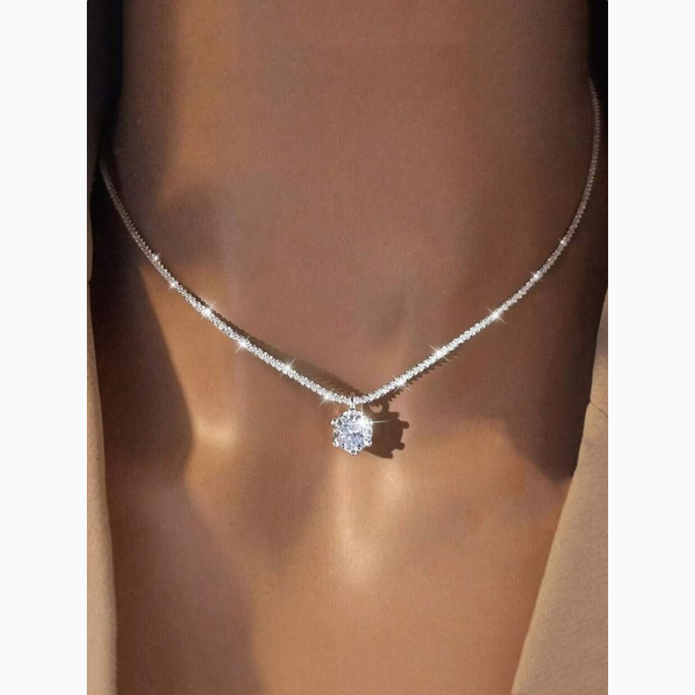 1pc Silver Single Diamond Small Pendant, Fashionable Copper Lock Clavicle Chain, High-Grade Short Necklace