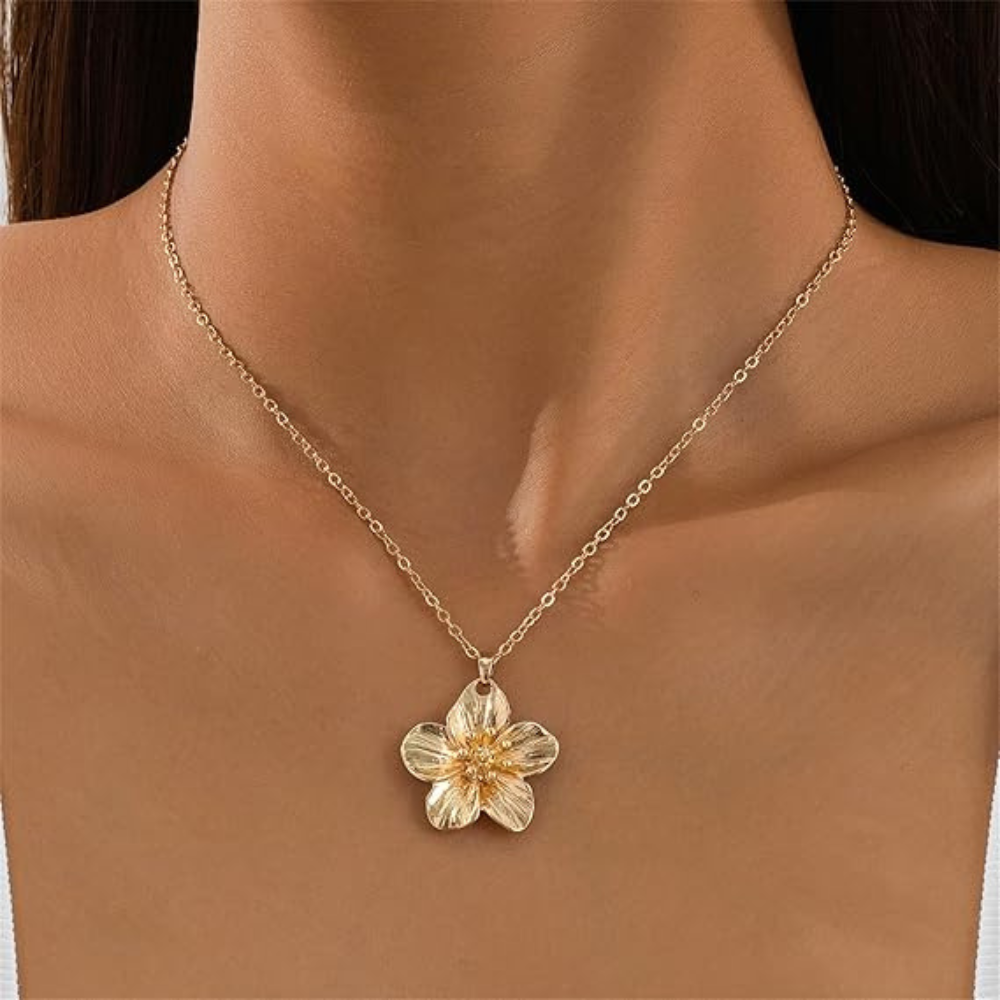 Gold Flower Pearl Jewelry Set Chunky Statement Matte Daisy Camellia Flowers Floral Leaves Metal Chic Necklace