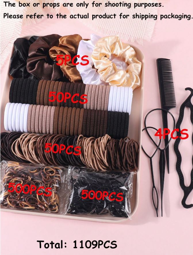 1109 Pcs Girls Hair Accessories Set, Basic Nylon Ponytail Holders Hair Ties, Black Brown Satin Hair Scrunchies,