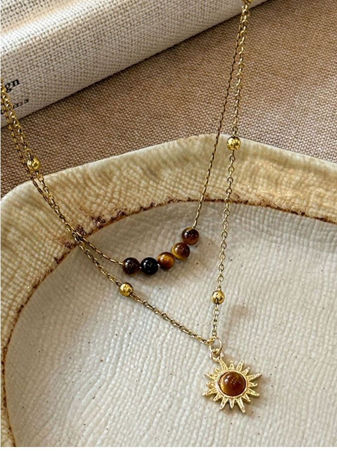 1pc Vintage Gold Sunflower & Tiger Eye Pendant Necklace, Layered Wear Sweater Chain Necklace