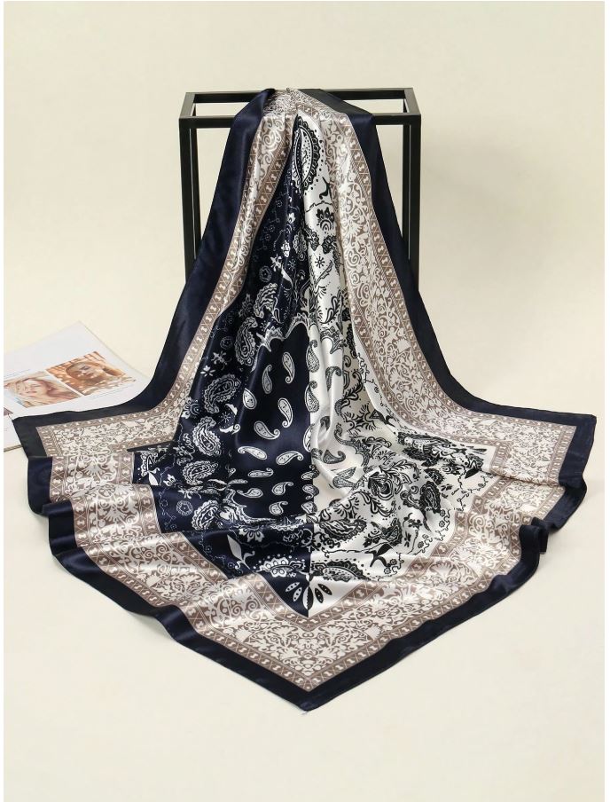 1PC Women Blue And White Paisley Printed Bandana Square Towel, Women Satin Square Silk Feeling Hair Scarf Wrap Headscarf