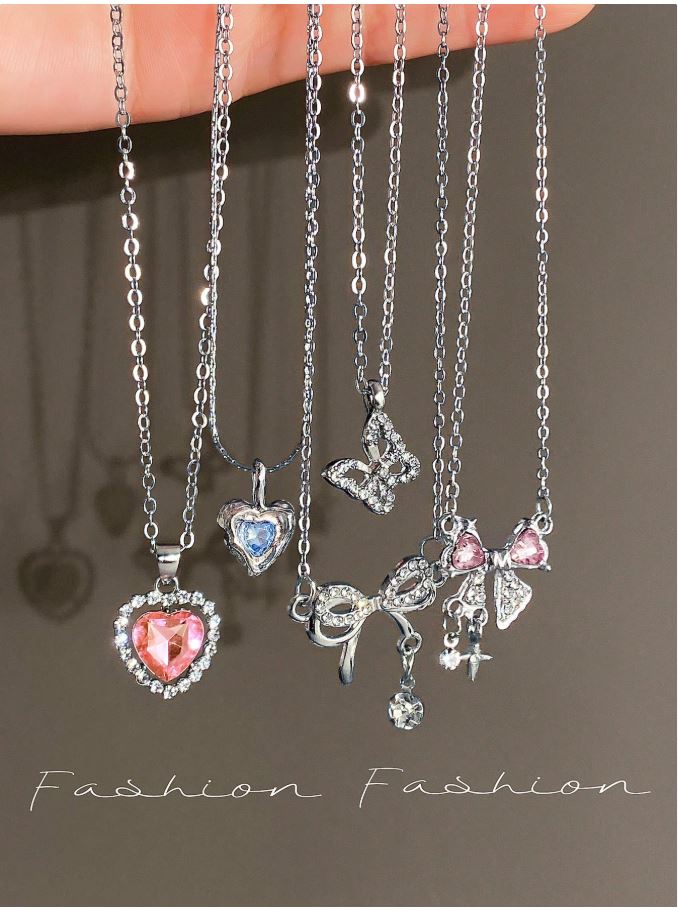 5-8pcs/Set Y2K Fashion Crystal Heart, Butterfly, Tulip, Bow Pendant Necklace Set, Shiny Jewelry Gift For Women