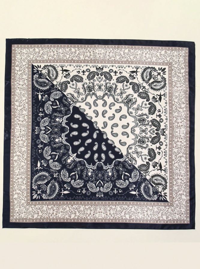 1PC Women Blue And White Paisley Printed Bandana Square Towel, Women Satin Square Silk Feeling Hair Scarf Wrap Headscarf