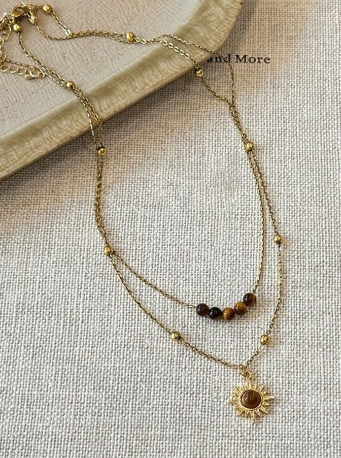 1pc Vintage Gold Sunflower & Tiger Eye Pendant Necklace, Layered Wear Sweater Chain Necklace