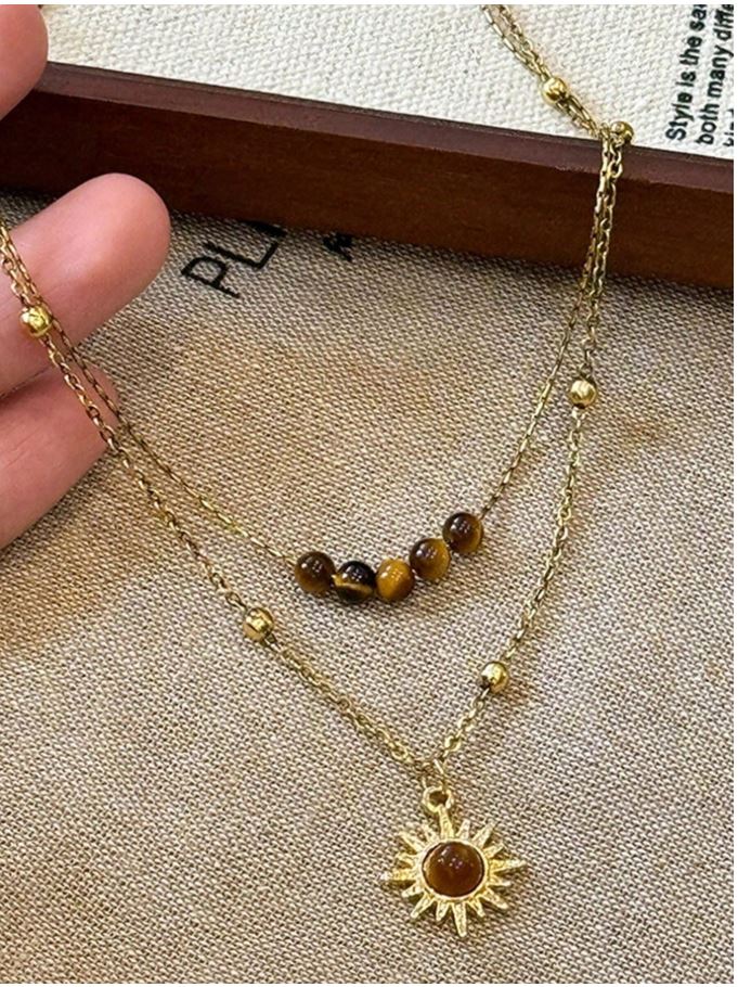 1pc Vintage Gold Sunflower & Tiger Eye Pendant Necklace, Layered Wear Sweater Chain Necklace