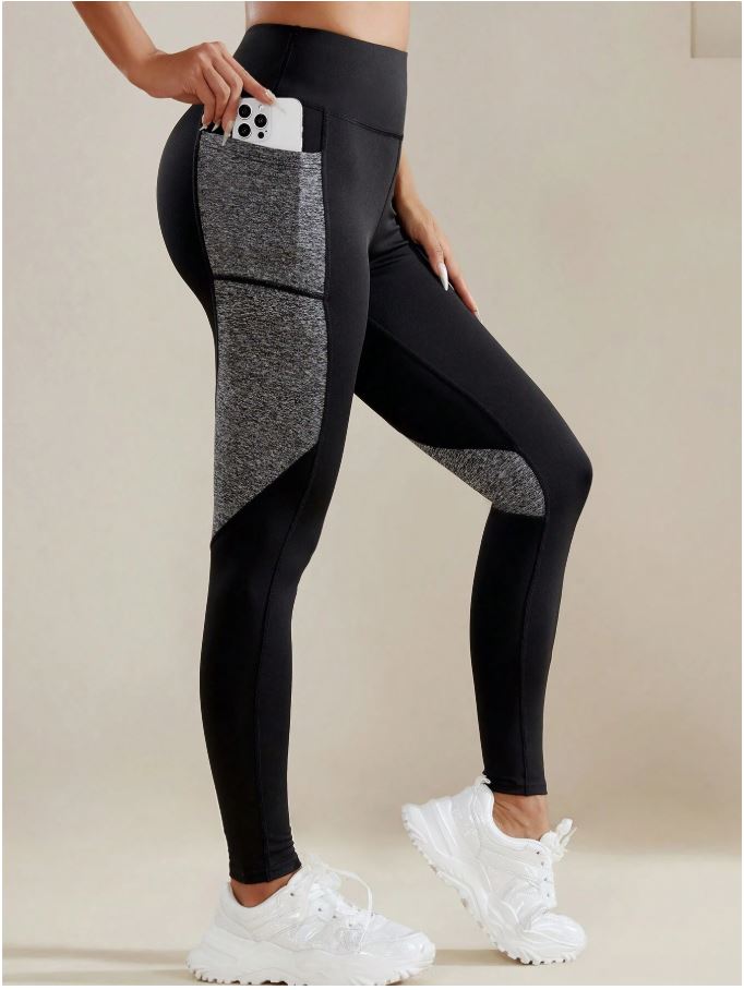 Women High Waist Tummy Control Pockets Contrast Color Yoga Pants Sports Leggings