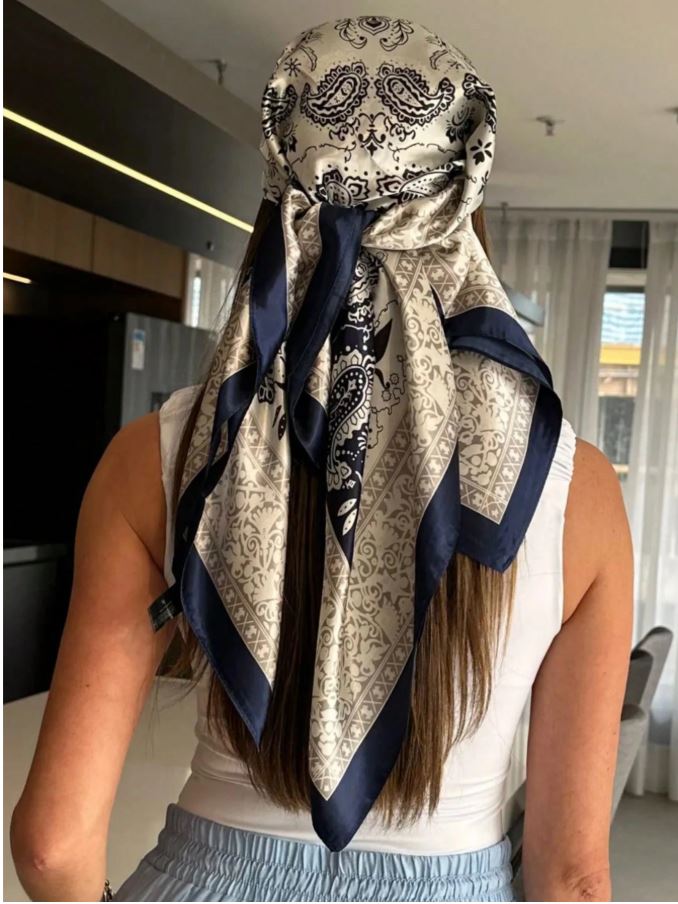 1PC Women Blue And White Paisley Printed Bandana Square Towel, Women Satin Square Silk Feeling Hair Scarf Wrap Headscarf