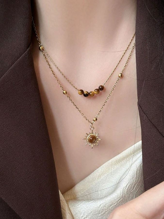 1pc Vintage Gold Sunflower & Tiger Eye Pendant Necklace, Layered Wear Sweater Chain Necklace
