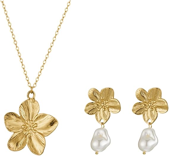 Gold Flower Pearl Jewelry Set Chunky Statement Matte Daisy Camellia Flowers Floral Leaves Metal Chic Necklace