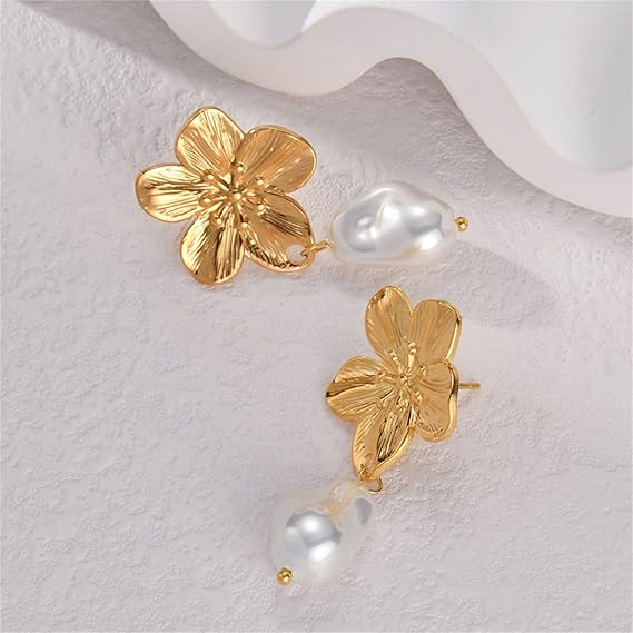 Gold Flower Pearl Jewelry Set Chunky Statement Matte Daisy Camellia Flowers Floral Leaves Metal Chic Necklace