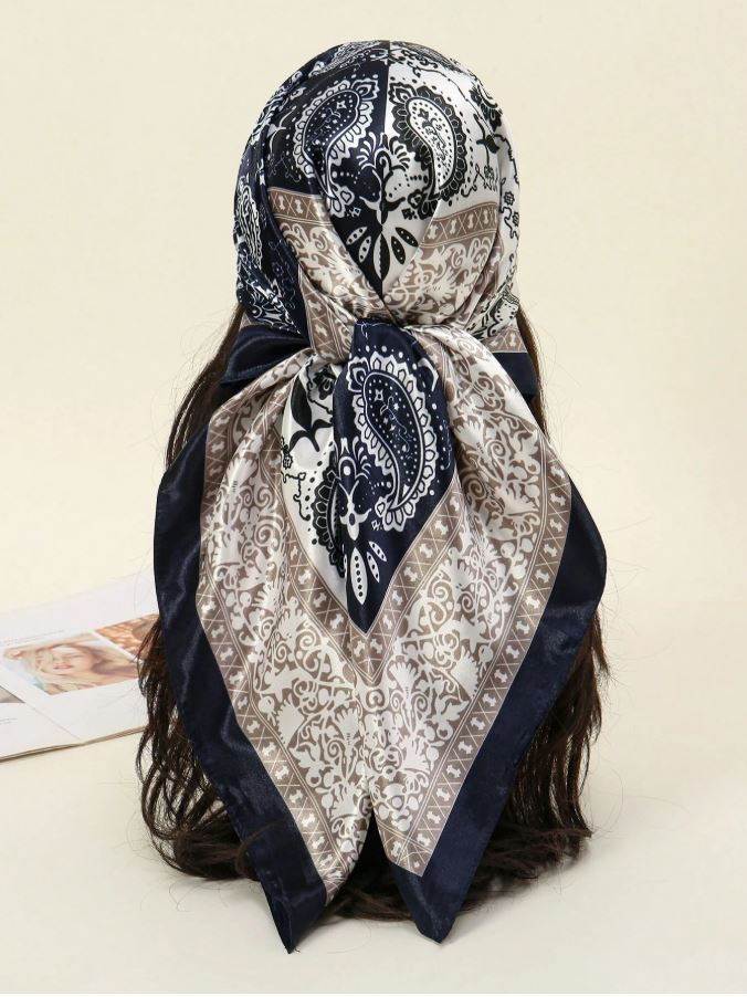 1PC Women Blue And White Paisley Printed Bandana Square Towel, Women Satin Square Silk Feeling Hair Scarf Wrap Headscarf