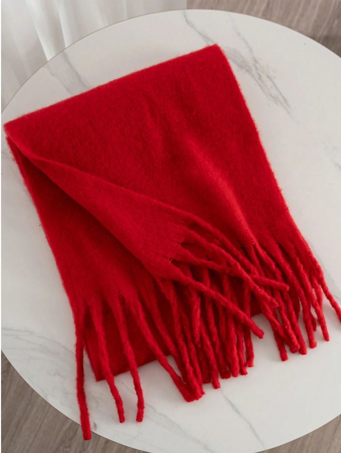 1pc Solid Color Scarf, Winter Warm Neck, Thickened Wool Knitted Thick Fringed Shawl, Can Be Worn