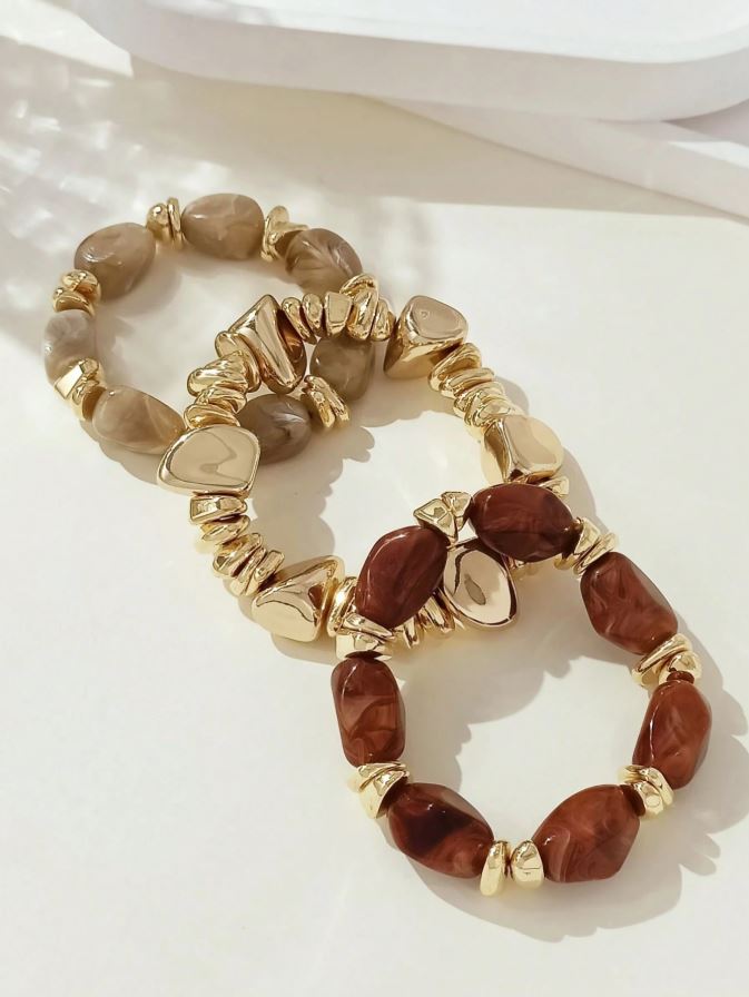 3pcs Vintage Bohemian Bracelet Set, Thick Multi-Layer Brown Acrylic Beaded Bracelets, For Women Men Party Daily Wear