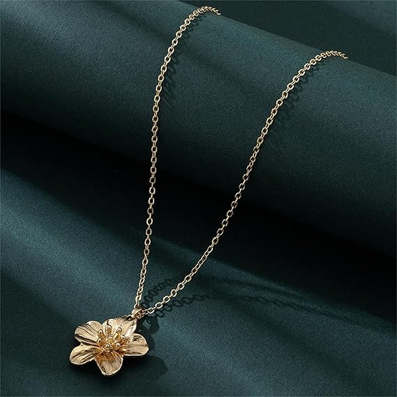 Gold Flower Pearl Jewelry Set Chunky Statement Matte Daisy Camellia Flowers Floral Leaves Metal Chic Necklace