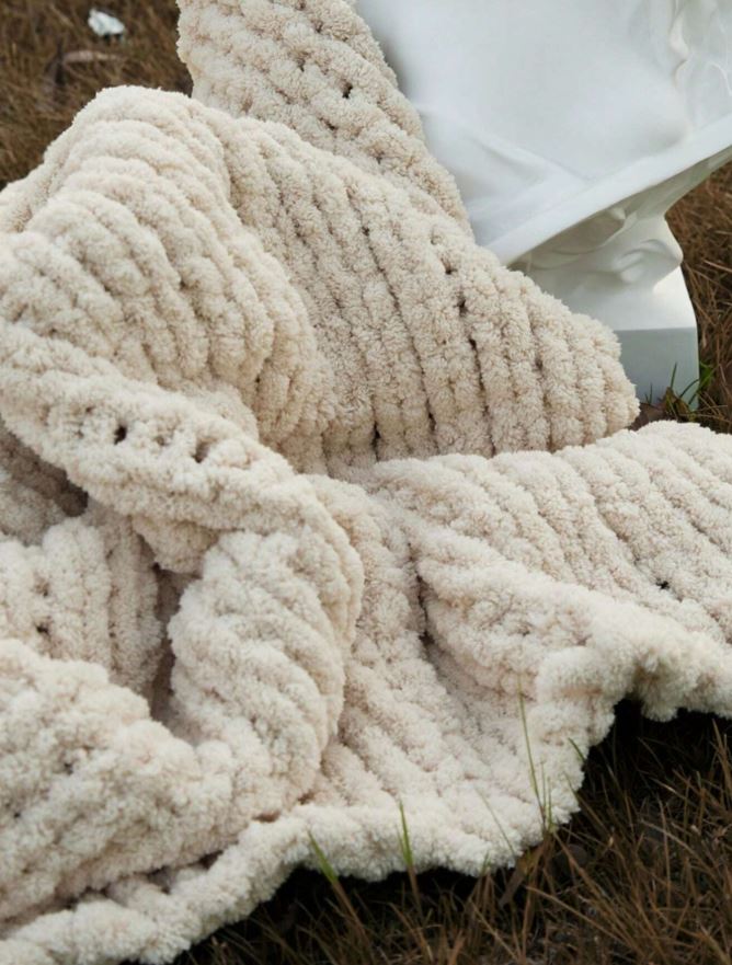 1pc Handmade Chenille Striped Hollow-Out Knit Blanket, Soft Thick Warm Nap Throw Blanket For Sofa, Travel