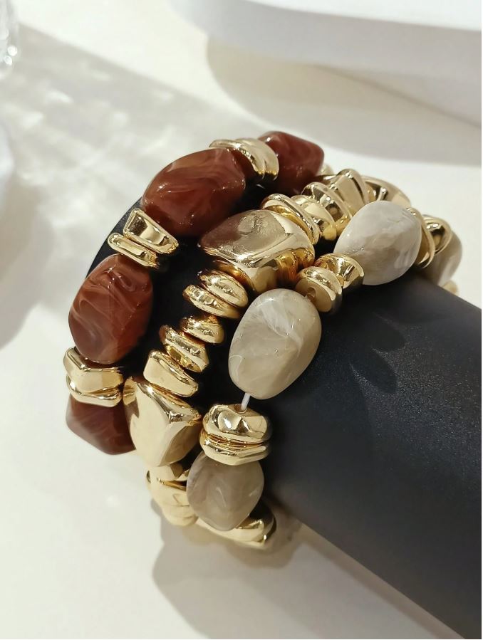 3pcs Vintage Bohemian Bracelet Set, Thick Multi-Layer Brown Acrylic Beaded Bracelets, For Women Men Party Daily Wear